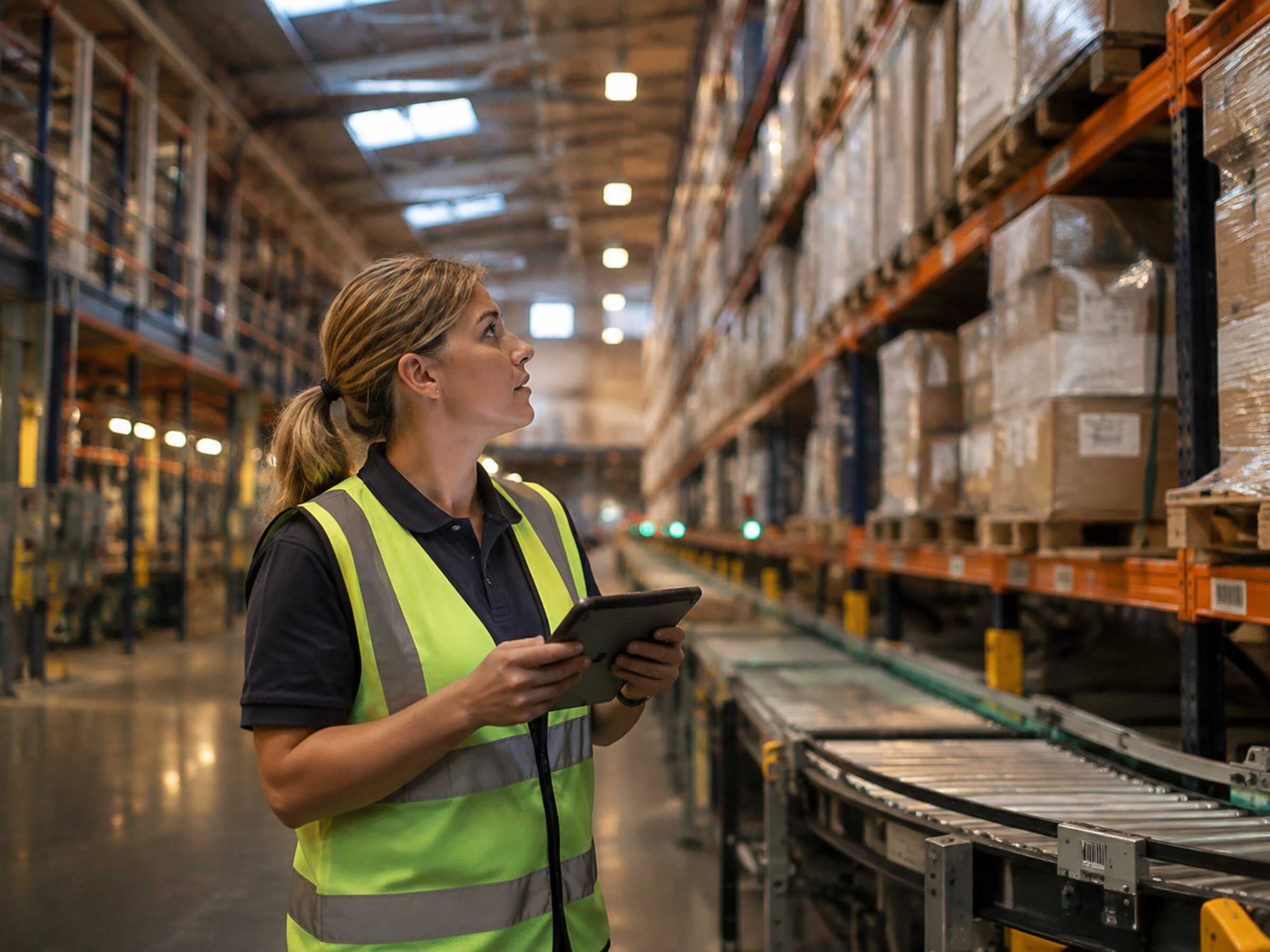 Warehouse operations specialist reviewing inventory management software on a tablet