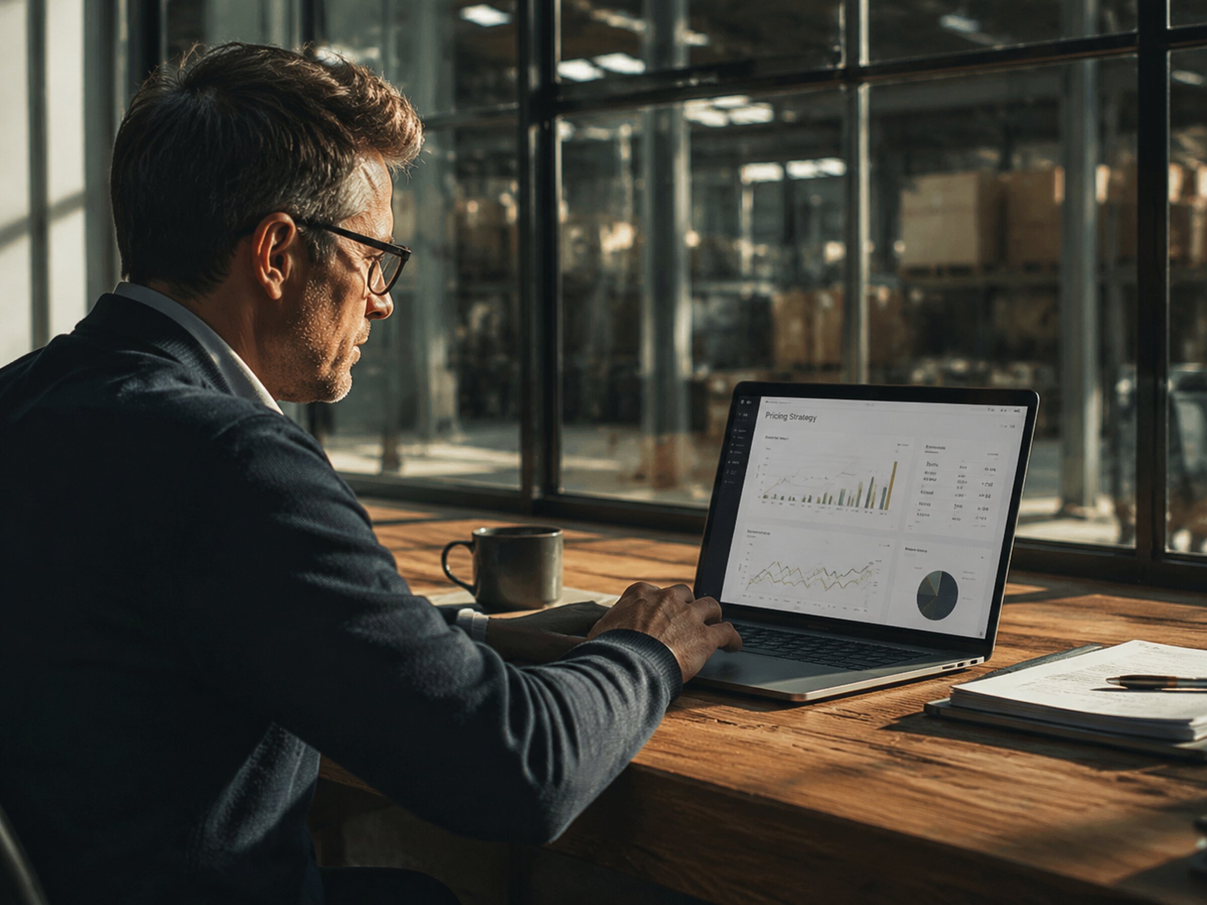 Sales director analyzing dynamic pricing calculations on a laptop