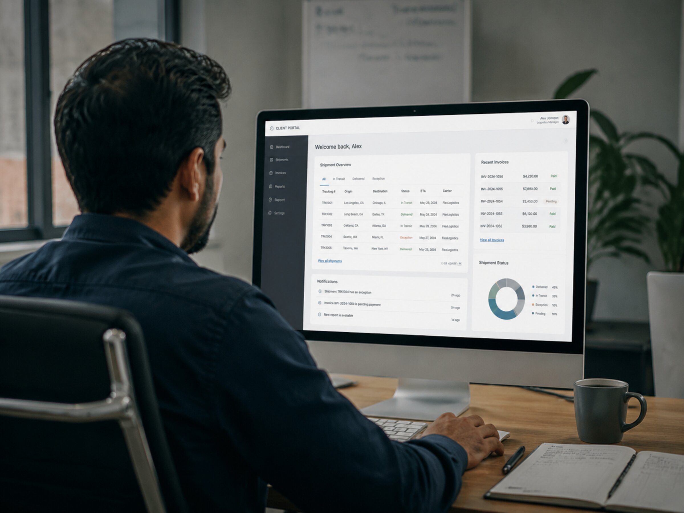 Logistics manager navigating a unified B2B client portal