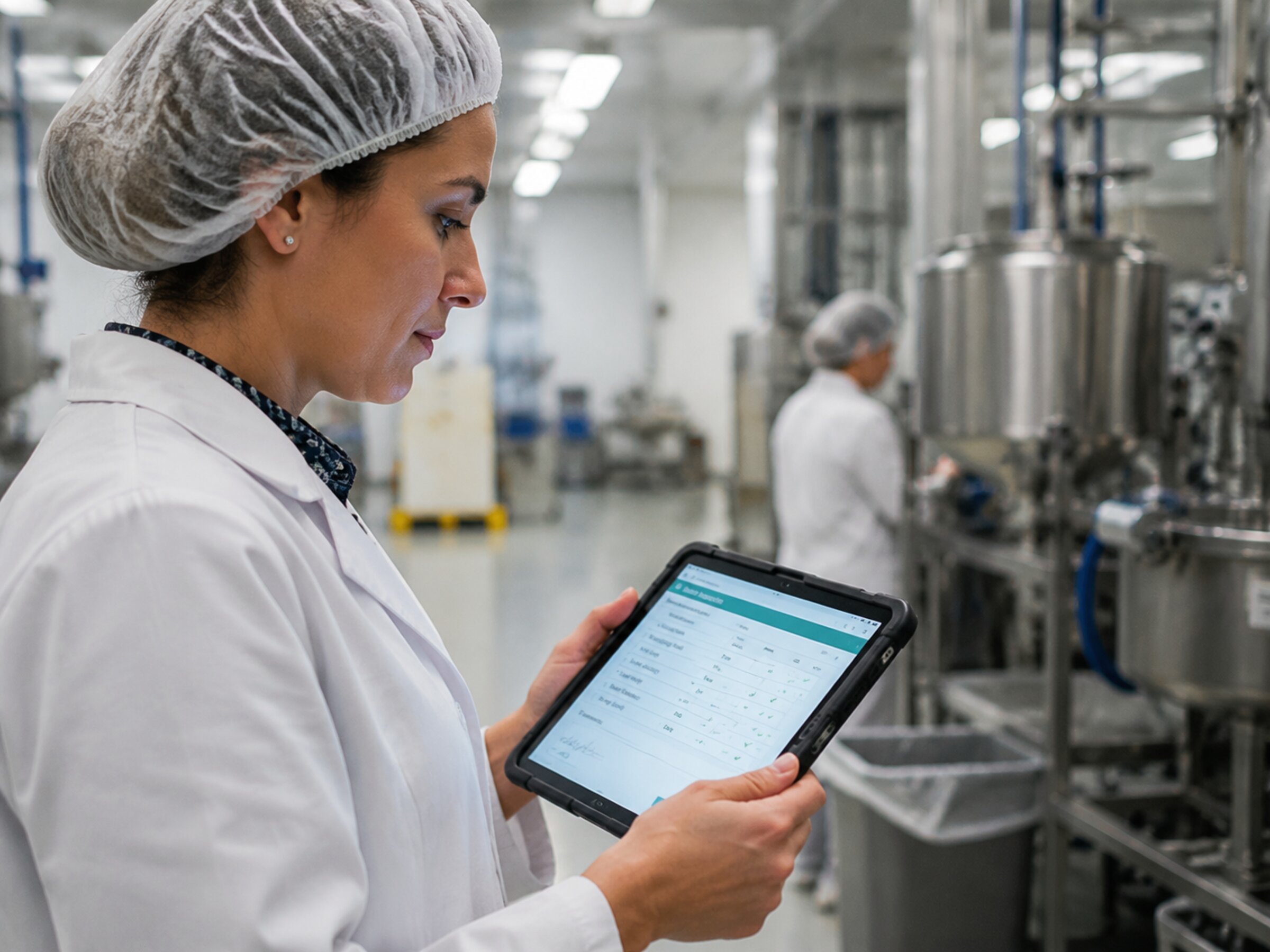 Quality assurance officer logging batch compliance sign-offs on a tablet