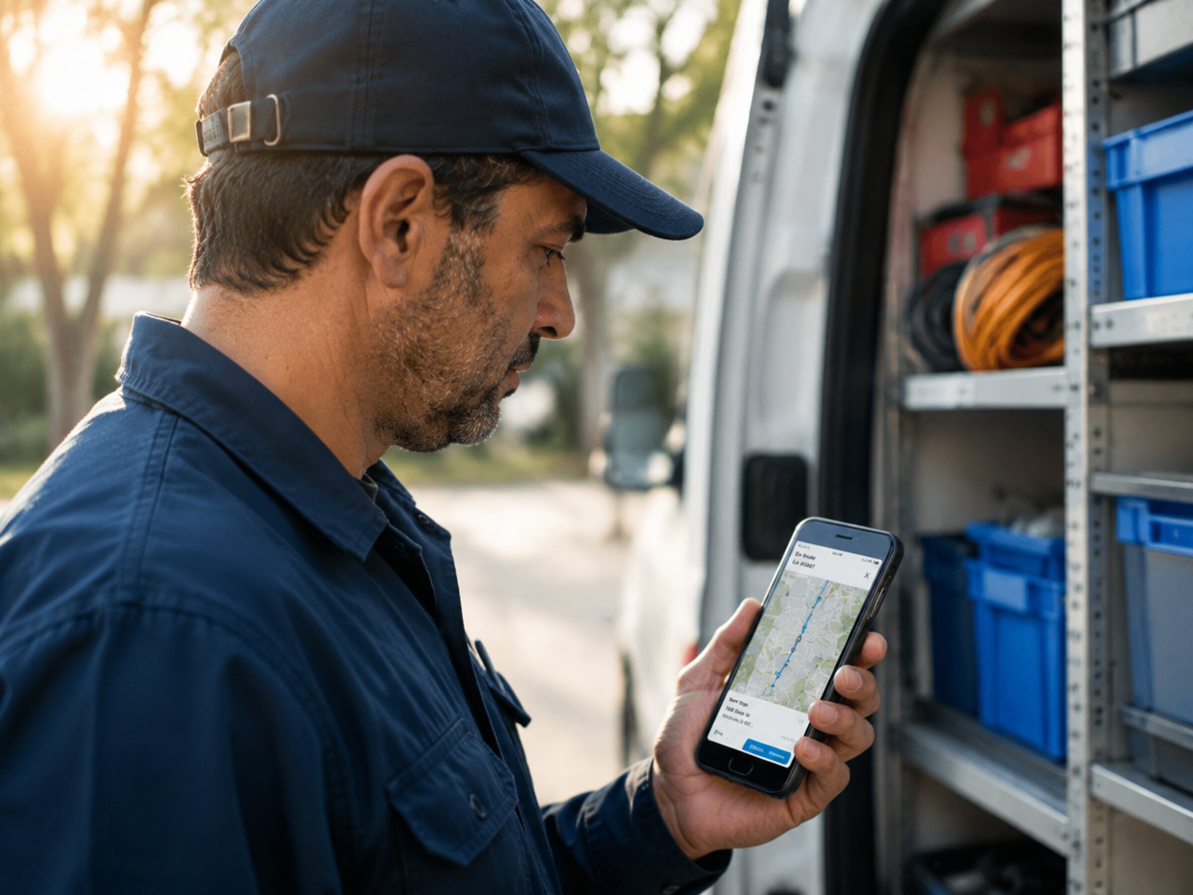Field technician checking real-time algorithmic dispatch route on a smartphone