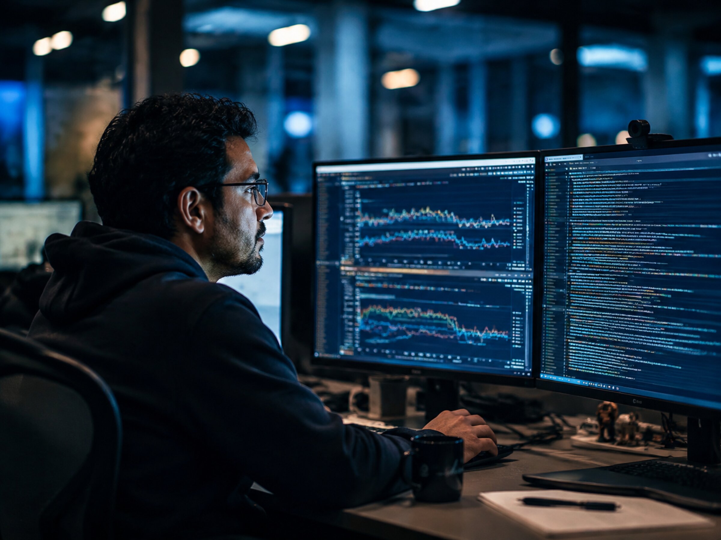 Infrastructure engineer monitoring usage-based metering logs on dual displays