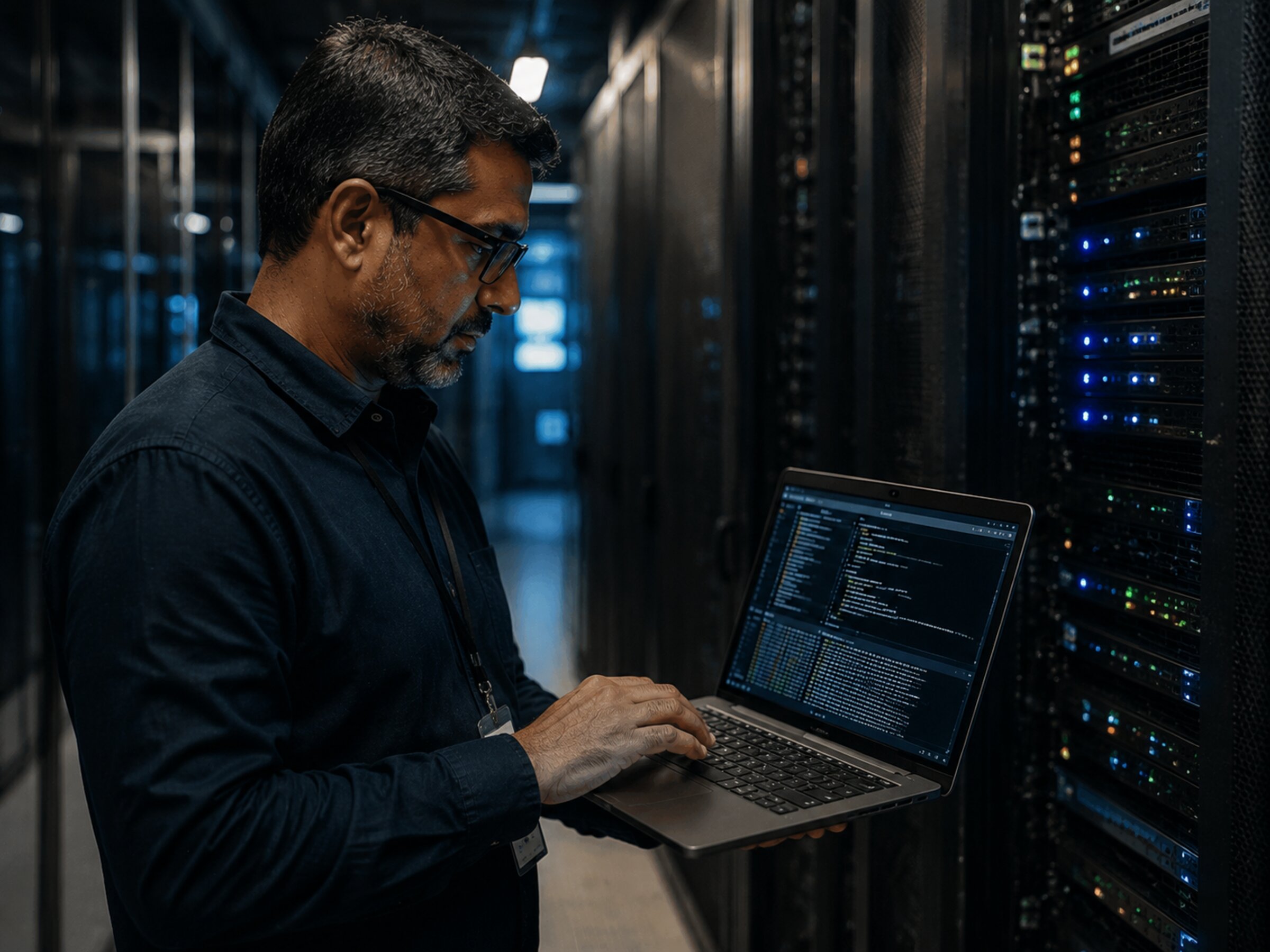 Software architect inspecting API middleware logs in a server environment
