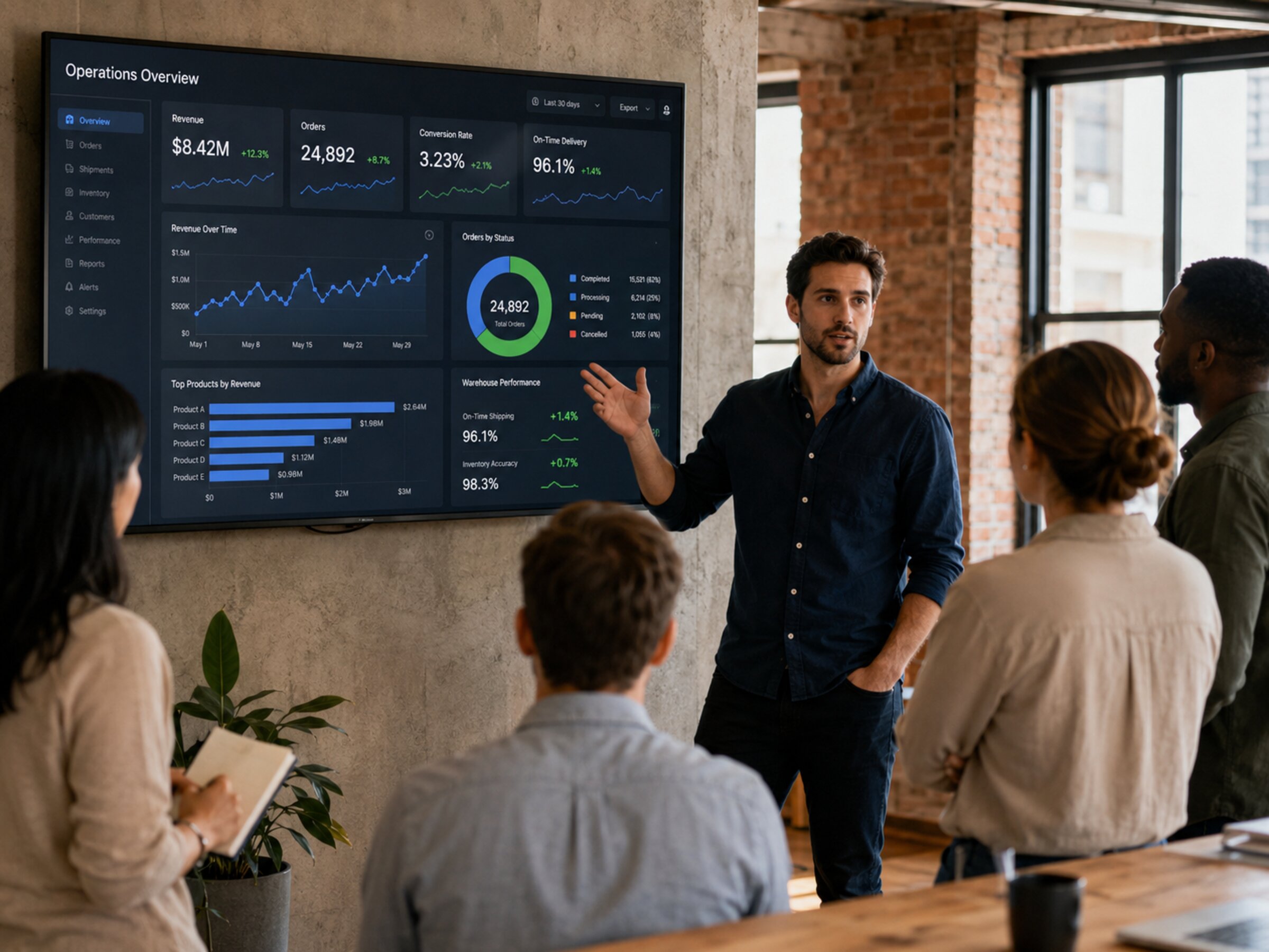 Operations team reviewing real-time data aggregation dashboard on a wall monitor