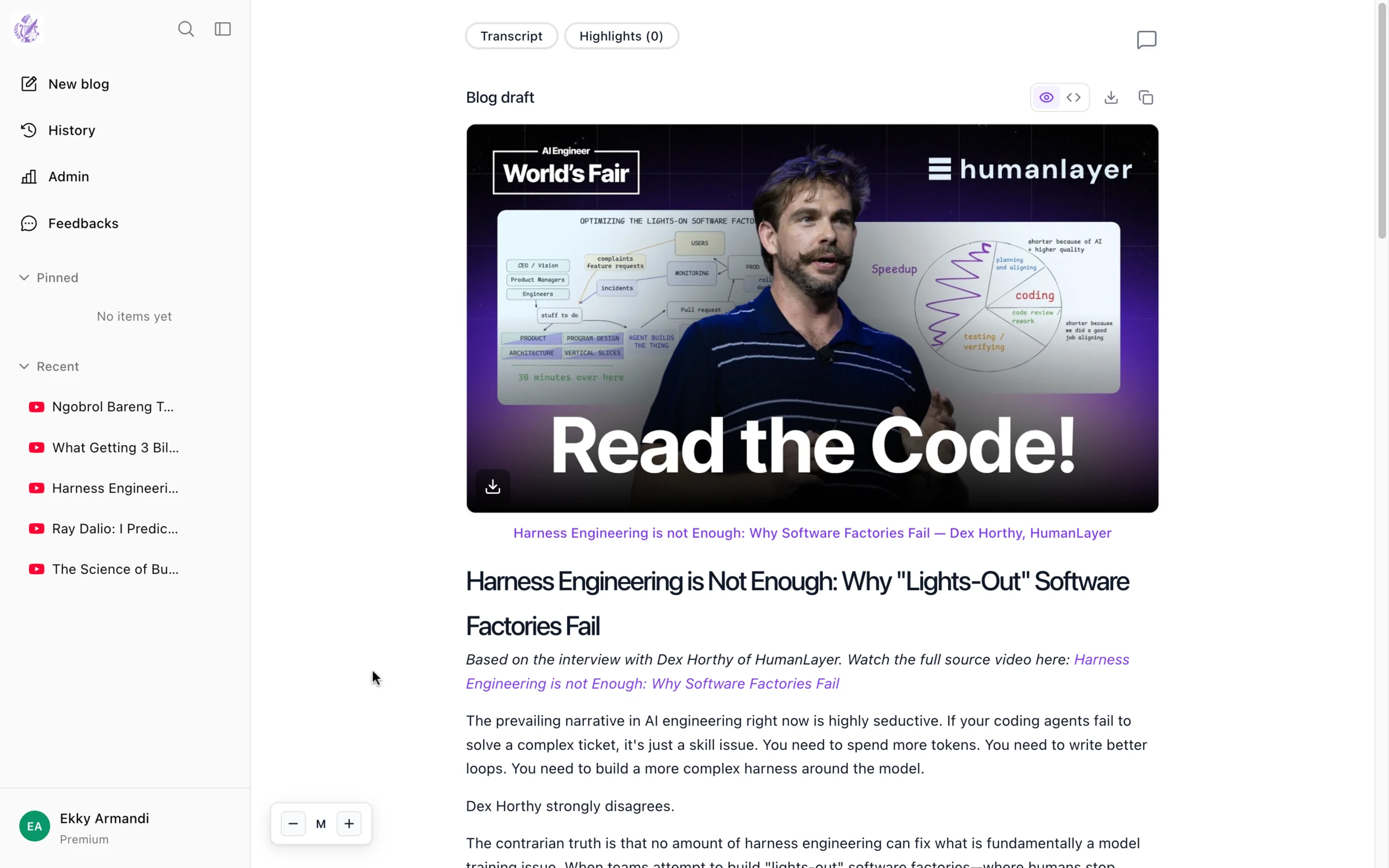 Transcript & Highlights Workspace
