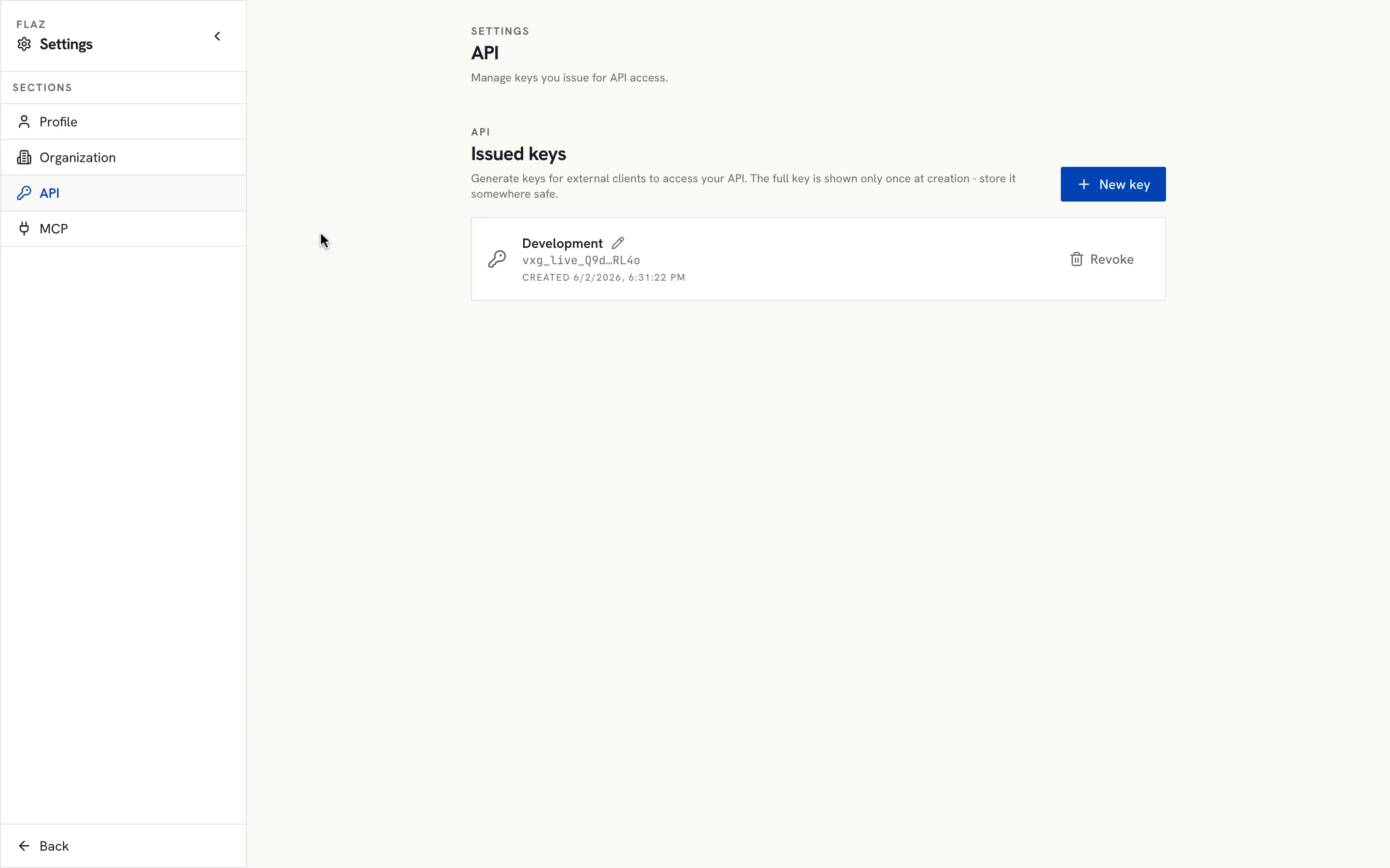 Flaz API key settings