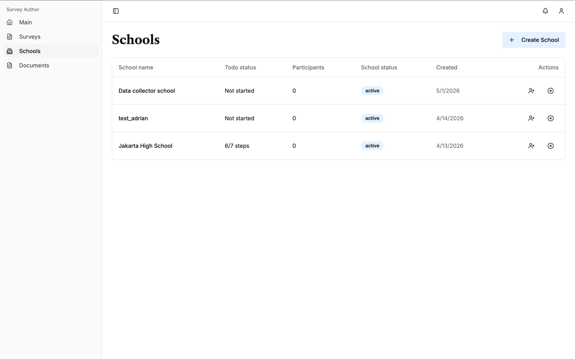 Organization school list with assignment status