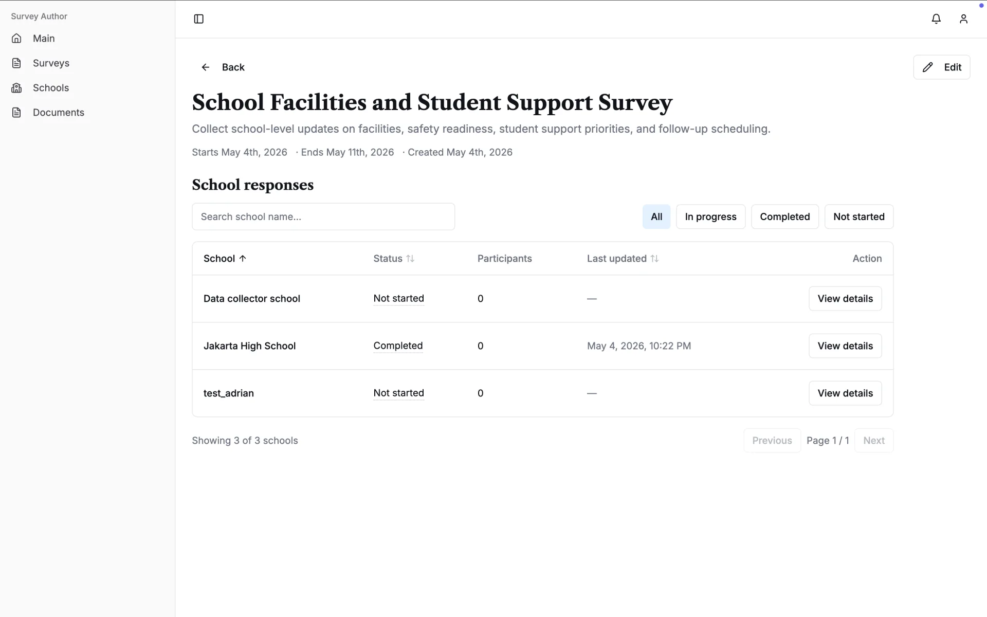 School detail view for survey authors