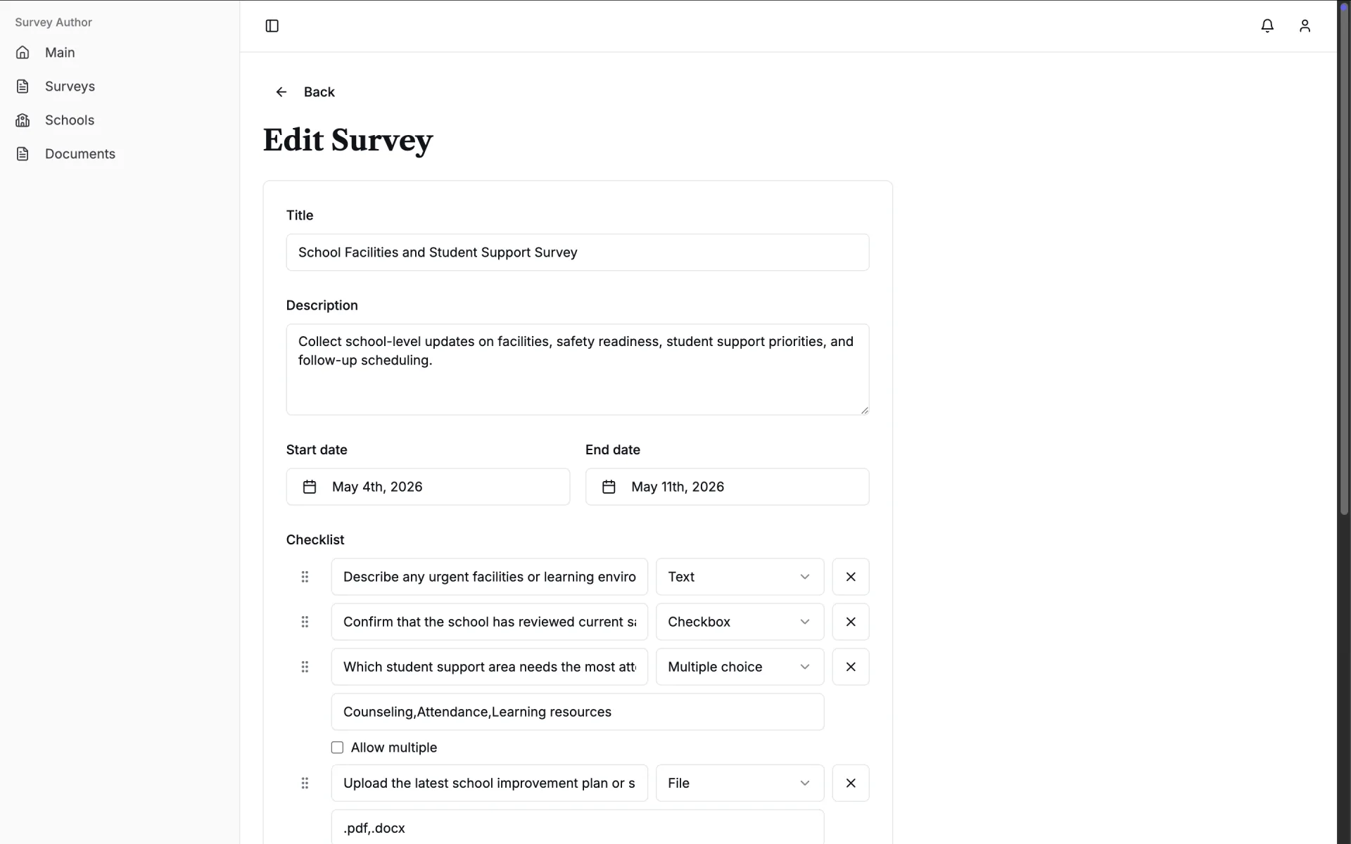 Survey editor with task item configuration